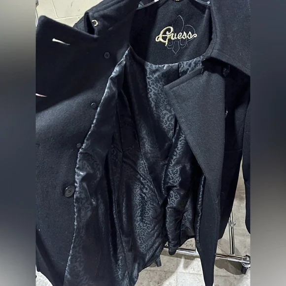 NWOT Guess Women's Classic Black Double-Breasted Pea Coat